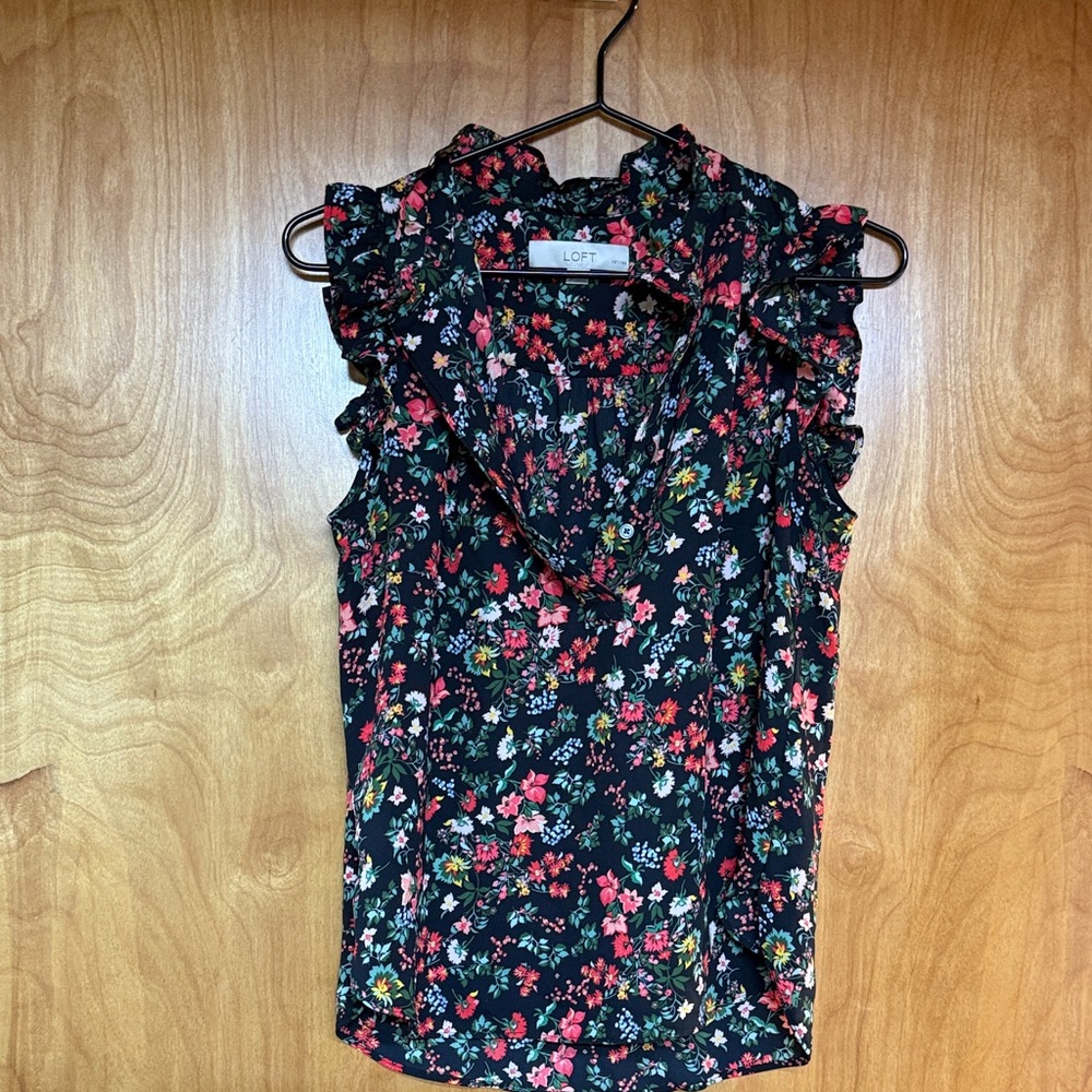 LOFT Women's Floral Ruffle Blouse - Black and Pink